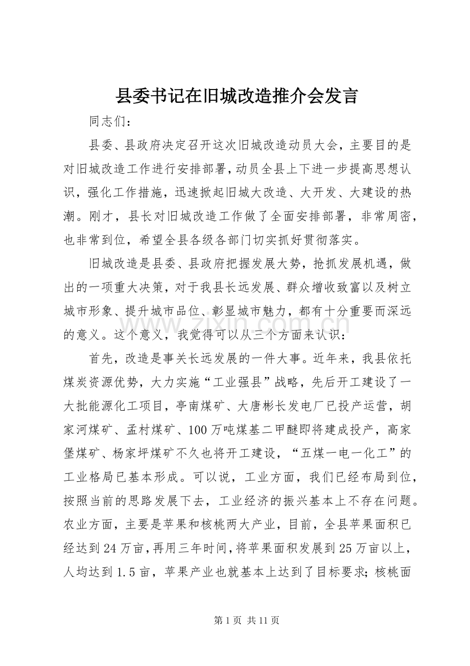 县委书记在旧城改造推介会发言.docx_第1页