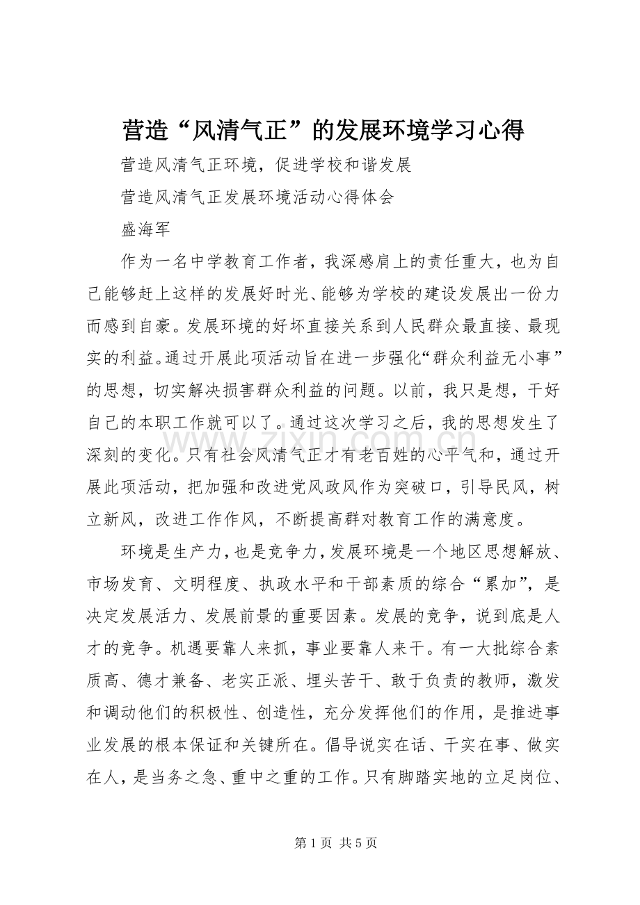 营造“风清气正”的发展环境学习心得.docx_第1页