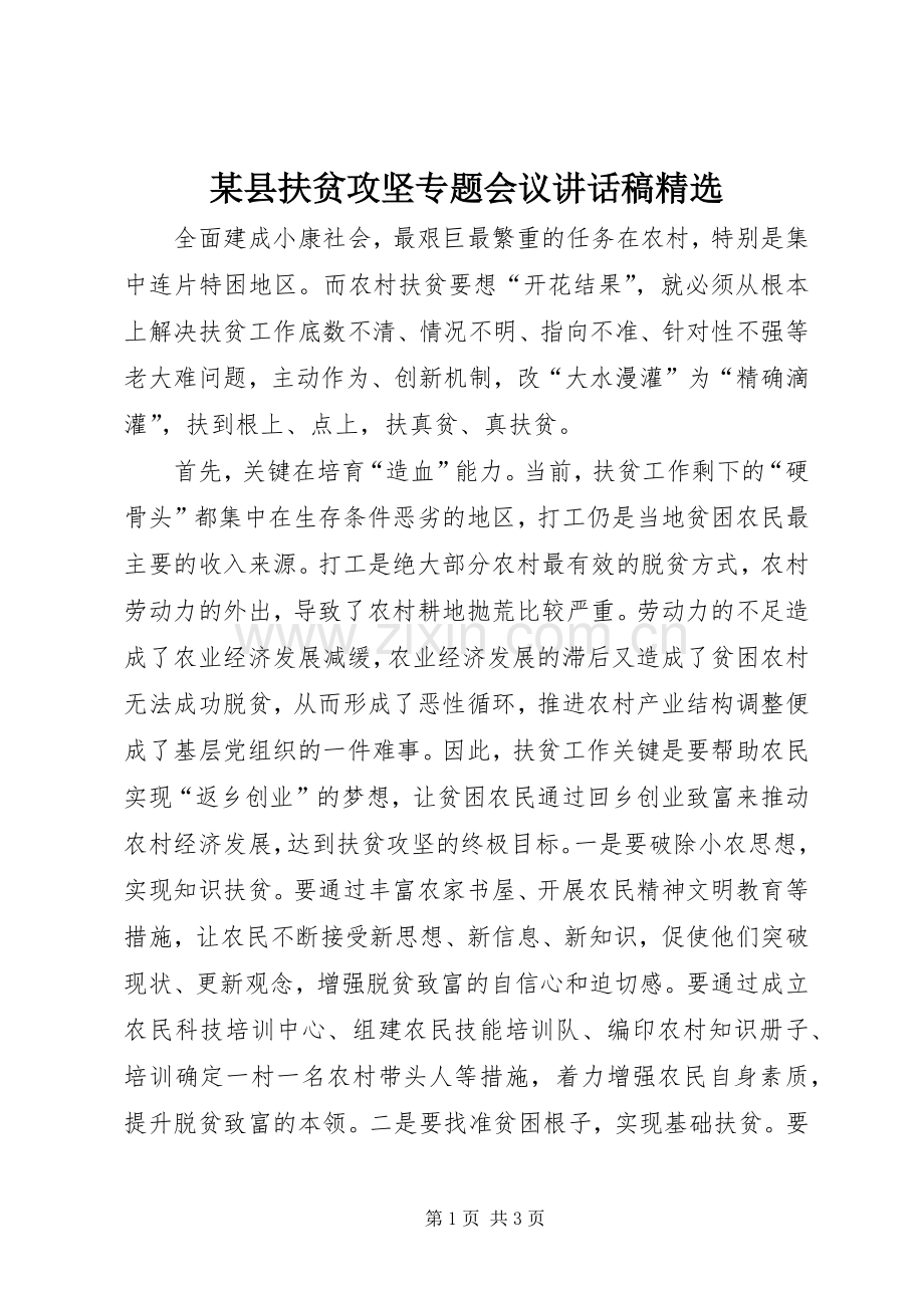 某县扶贫攻坚专题会议讲话稿.docx_第1页