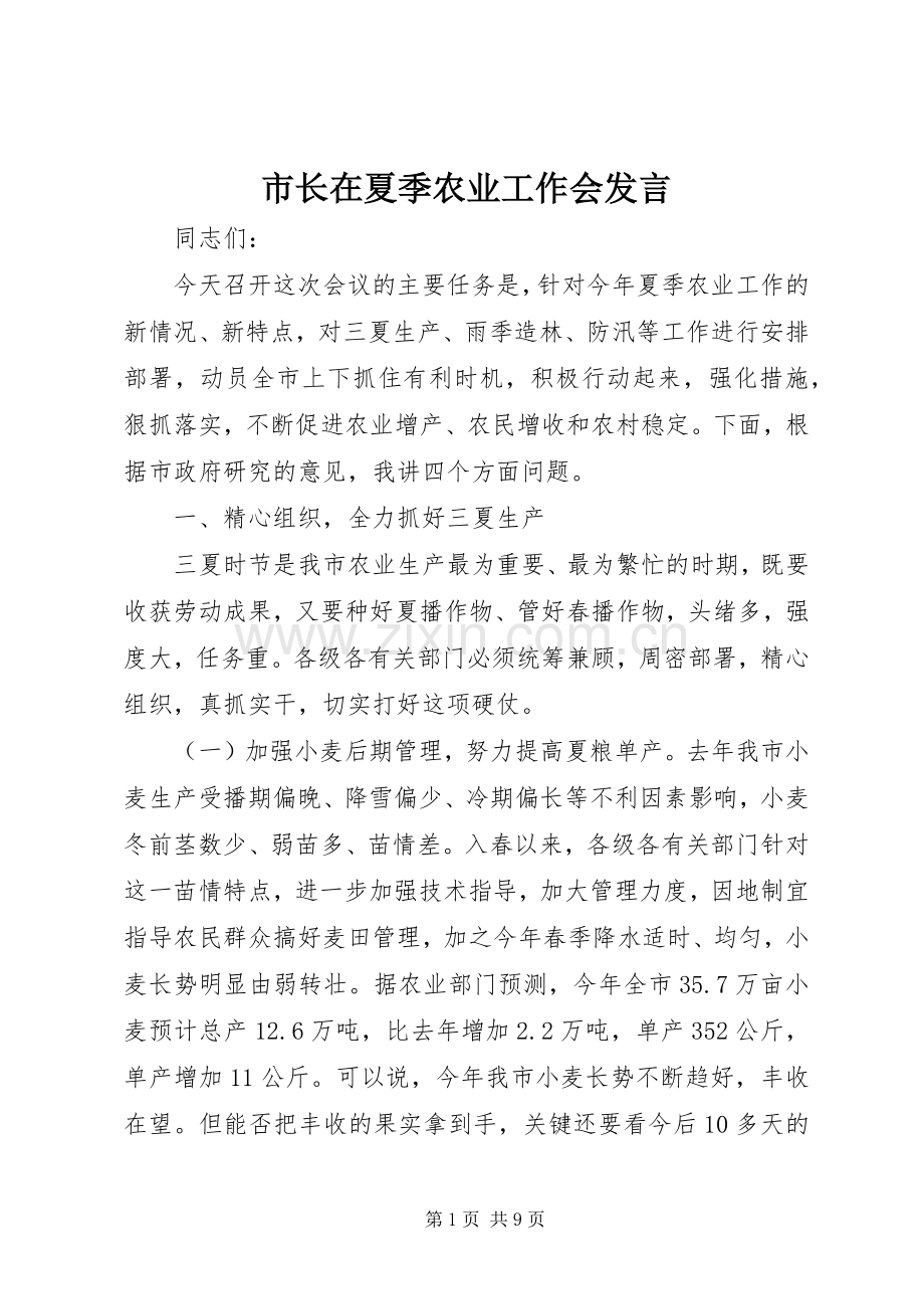 市长在夏季农业工作会发言.docx_第1页