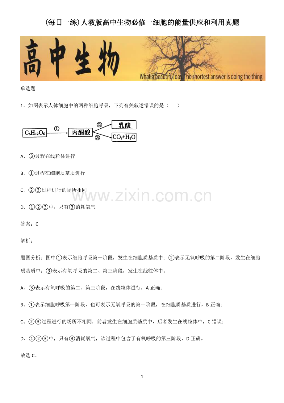 人教版高中生物必修一细胞的能量供应和利用真题.pdf_第1页