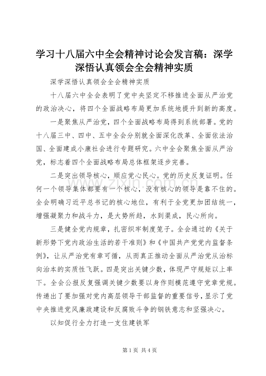 学习十八届六中全会精神讨论会发言稿：深学深悟认真领会全会精神实质.docx_第1页