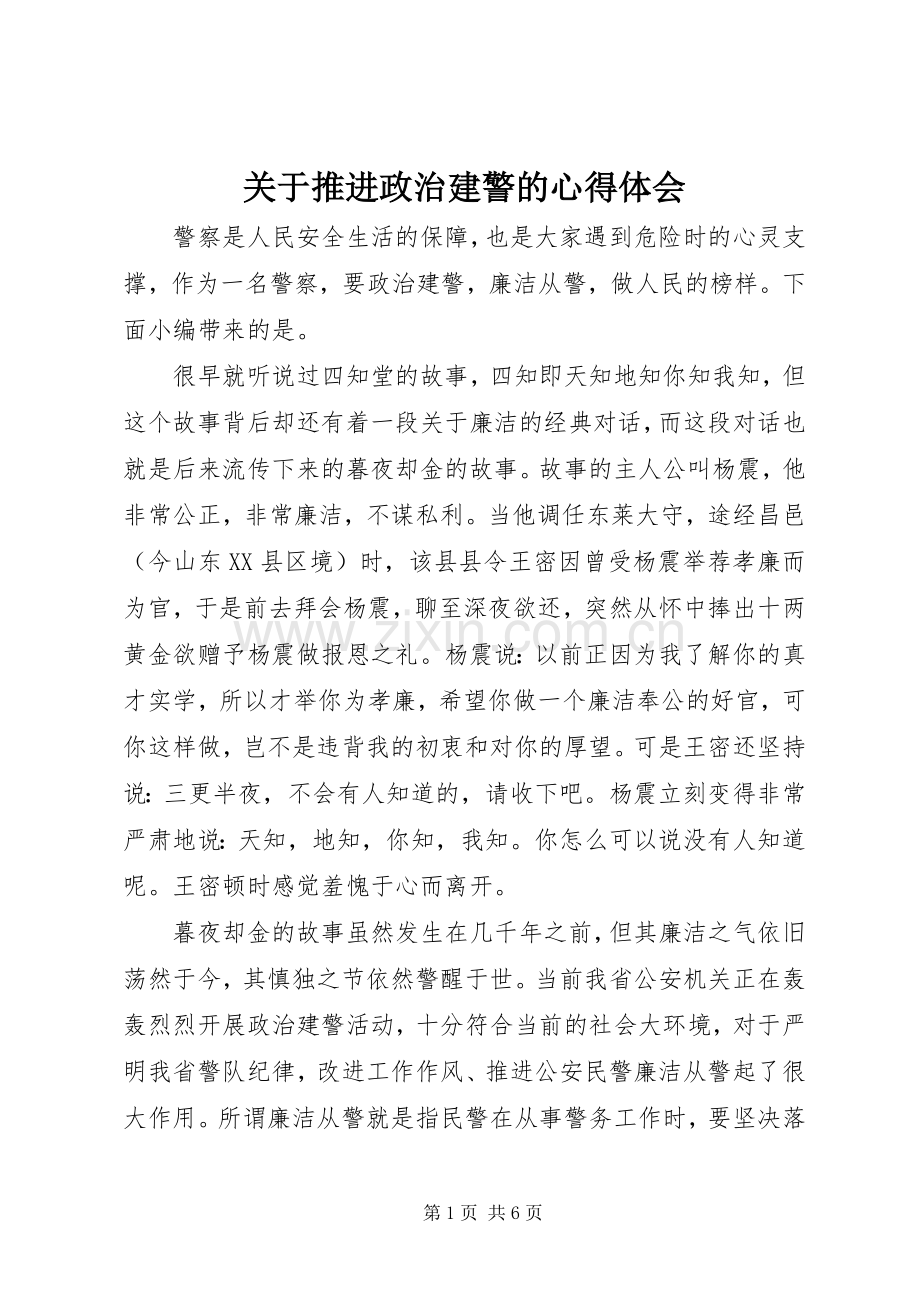 关于推进政治建警的心得体会.docx_第1页