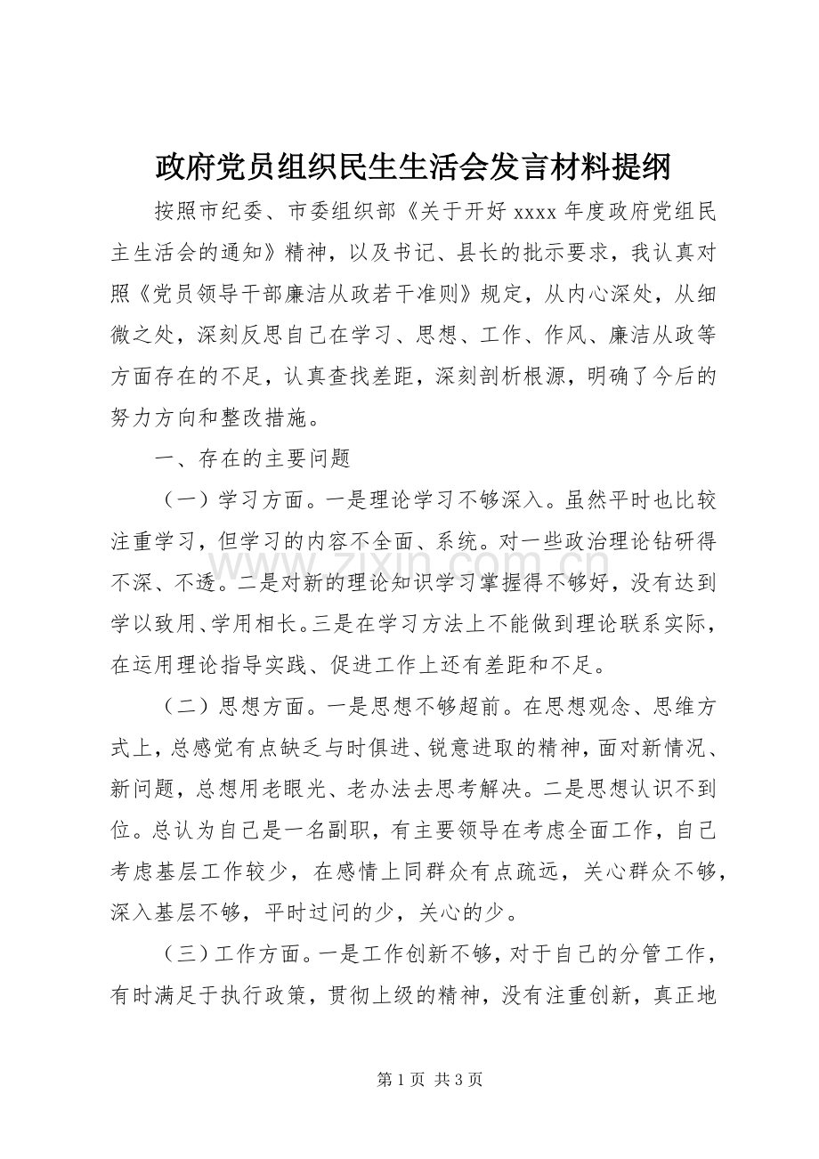 政府党员组织民生生活会发言材料提纲.docx_第1页