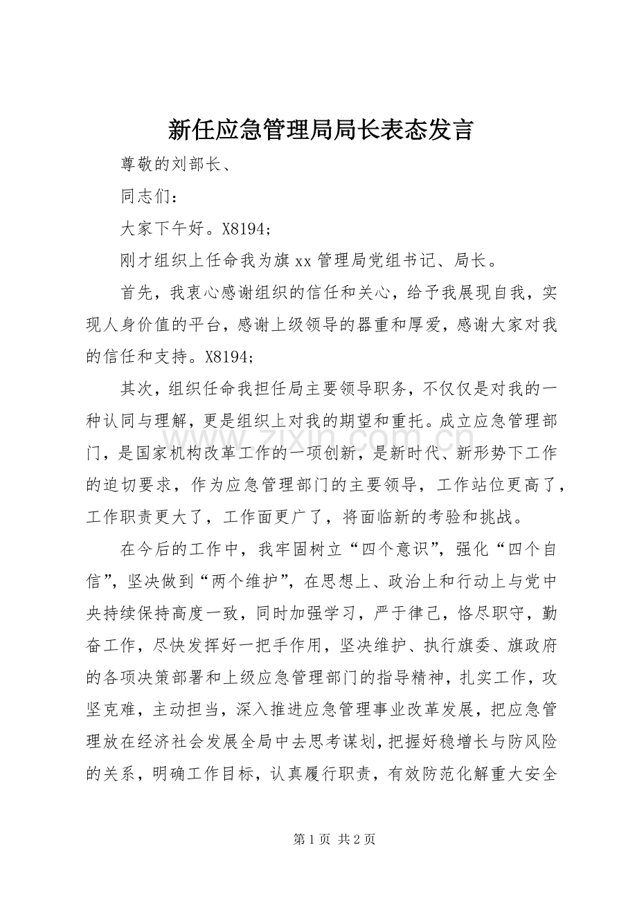 新任应急管理局局长表态发言.docx_第1页