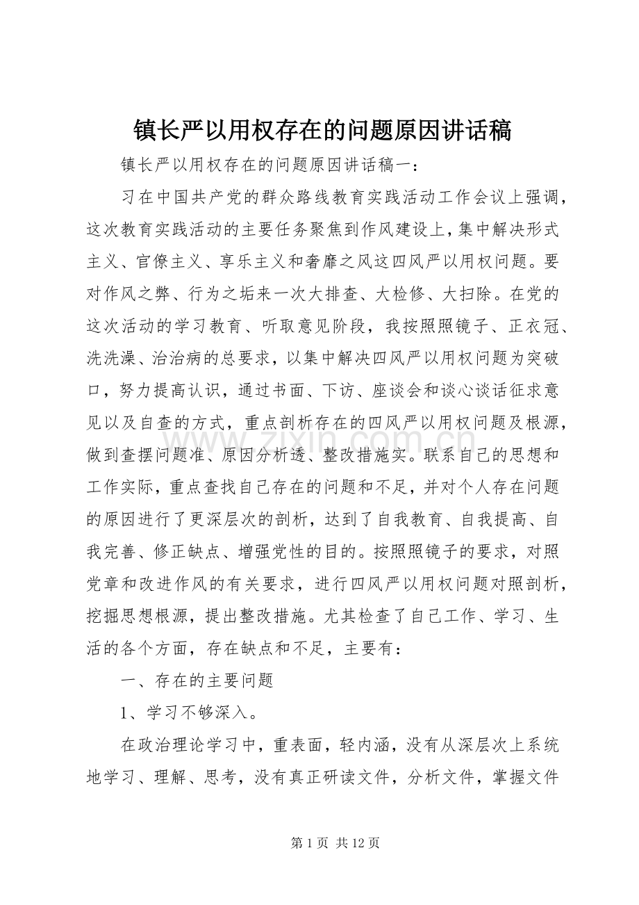 镇长严以用权存在的问题原因讲话稿.docx_第1页