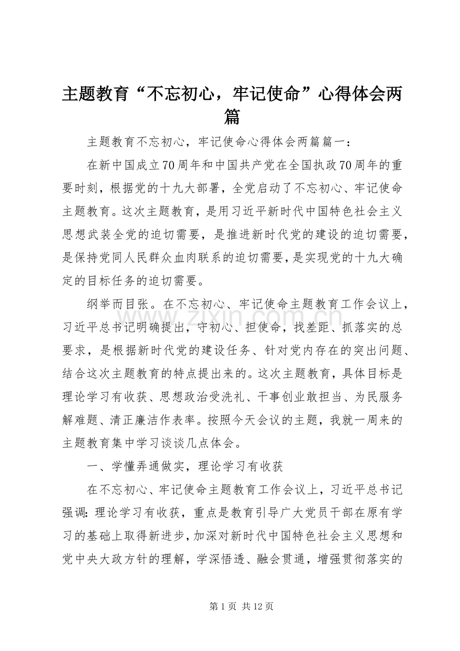 主题教育“不忘初心牢记使命”心得体会两篇.docx_第1页