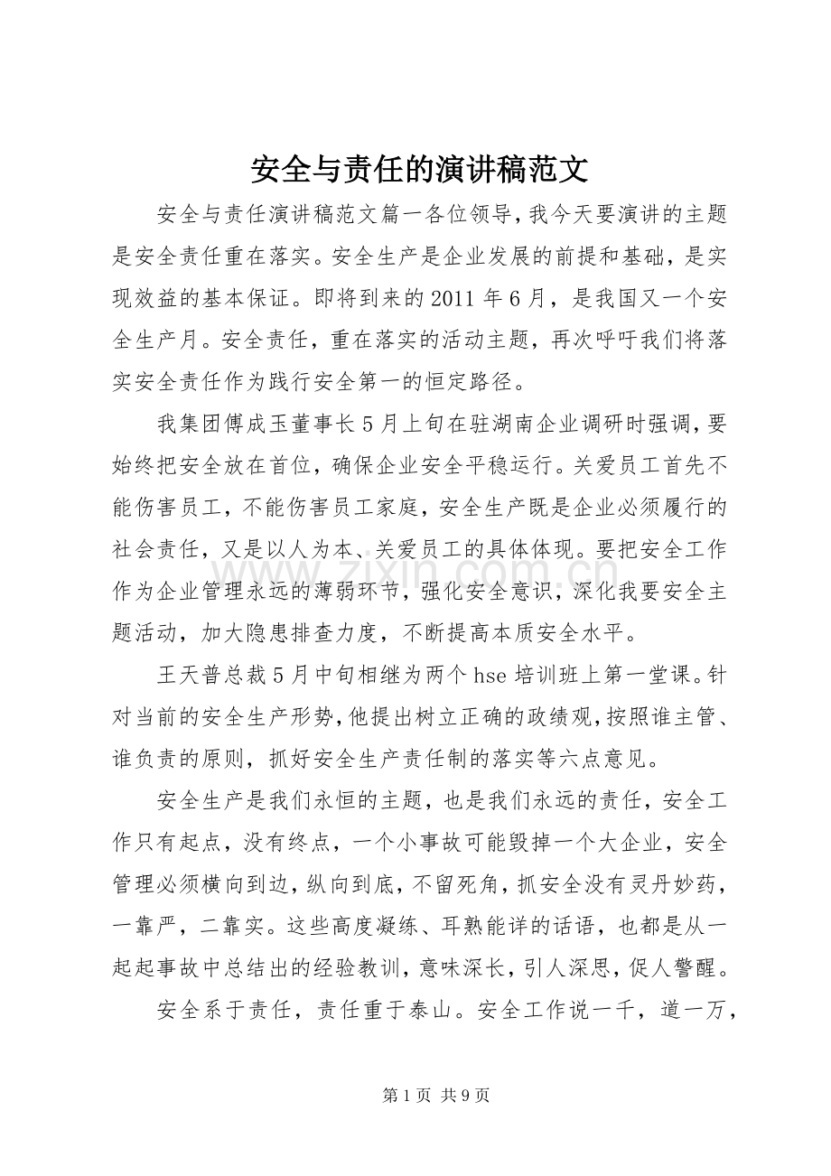 安全与责任的演讲稿范文.docx_第1页