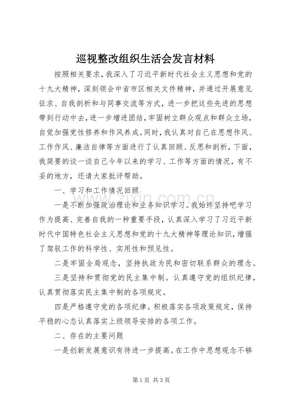 巡视整改组织生活会发言材料.docx_第1页