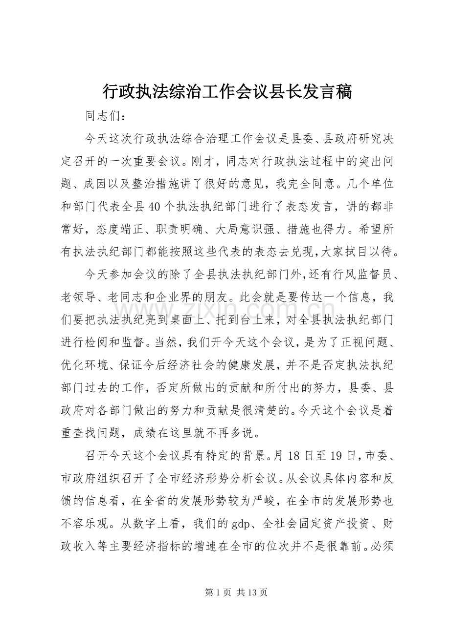 行政执法综治工作会议县长发言稿.docx_第1页