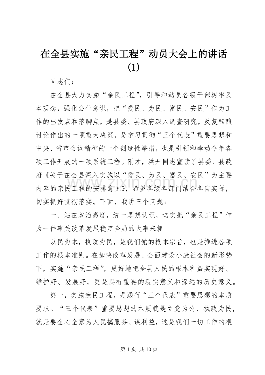 在全县实施“亲民工程”动员大会上的讲话(1).docx_第1页