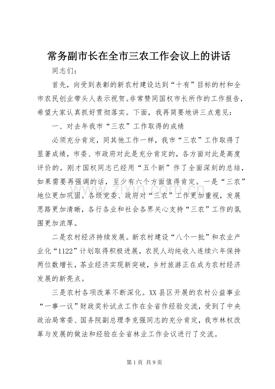 常务副市长在全市三农工作会议上的讲话.docx_第1页