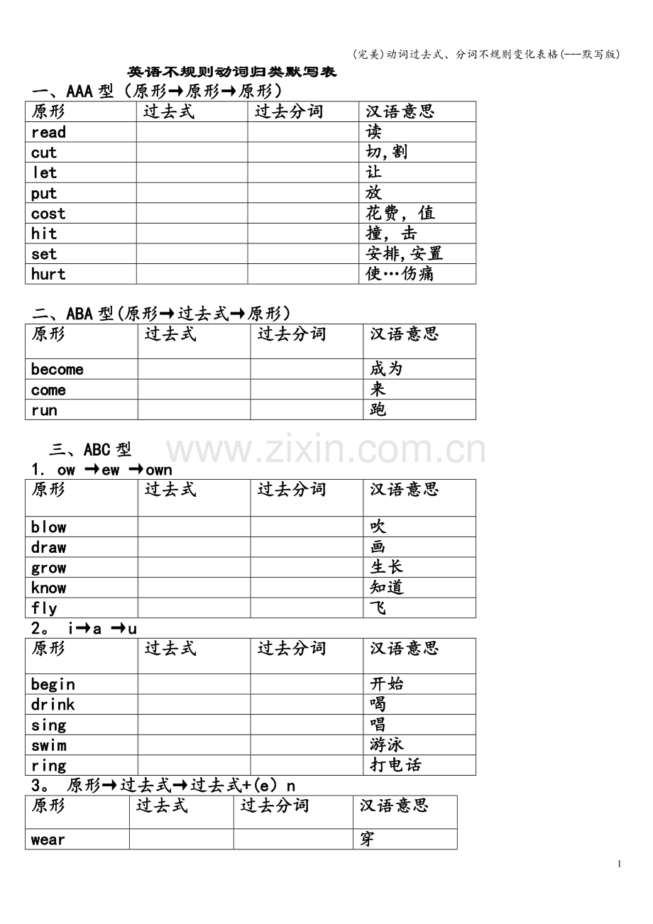 动词过去式、分词不规则变化表格(---默写版).doc_第1页