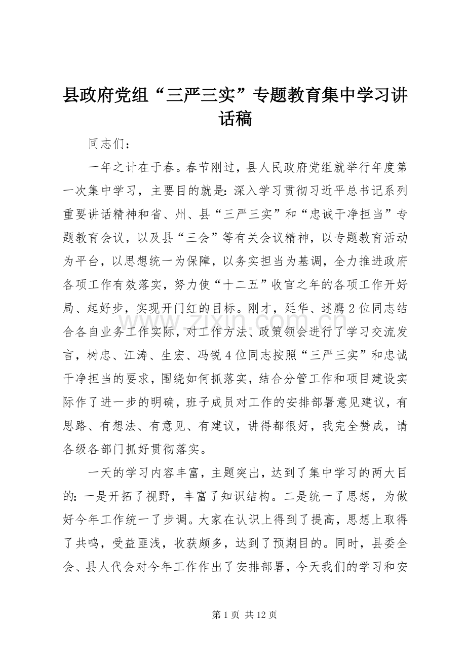 县政府党组“三严三实”专题教育集中学习讲话稿.docx_第1页