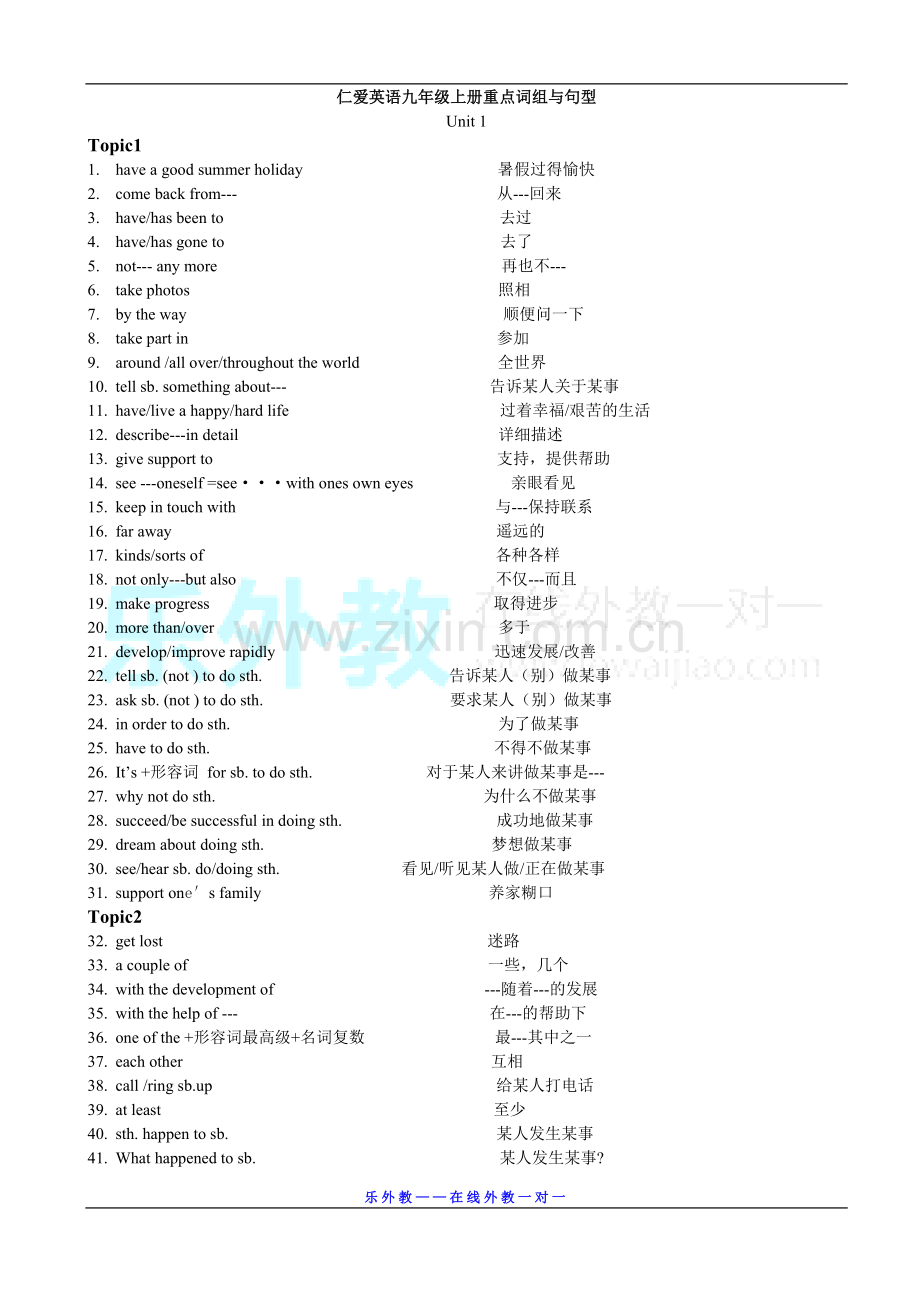 仁爱英语九年级上册重点词组和句型.doc_第1页