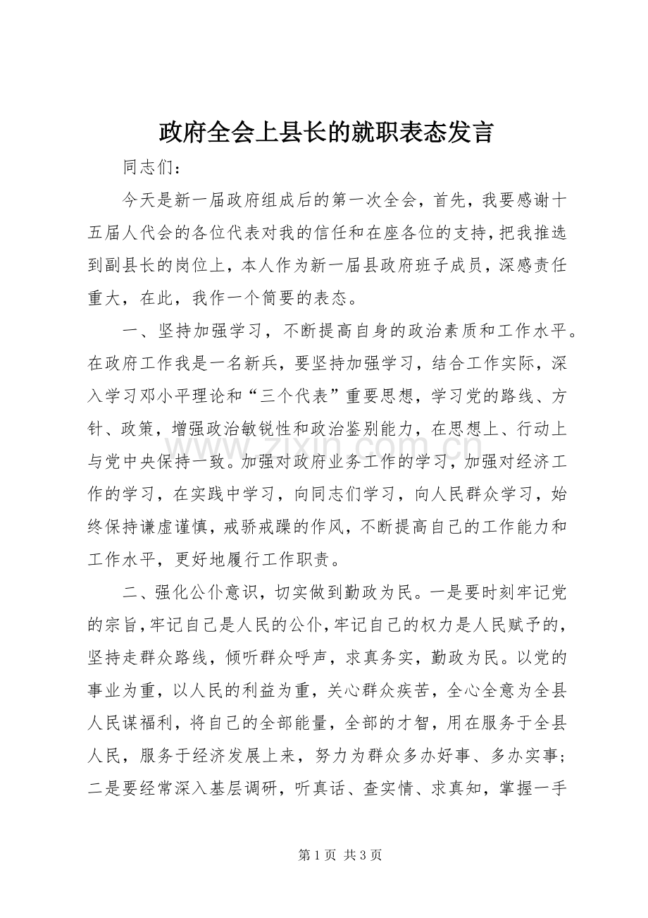 政府全会上县长的就职表态发言.docx_第1页