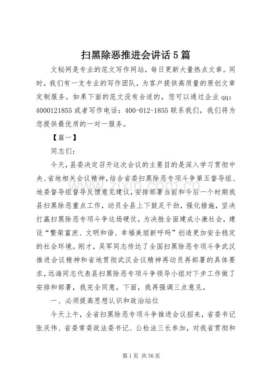 扫黑除恶推进会讲话5篇.docx_第1页