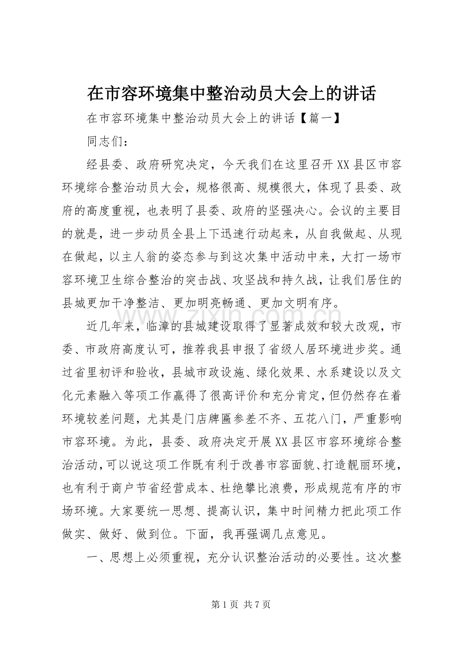 在市容环境集中整治动员大会上的讲话.docx_第1页