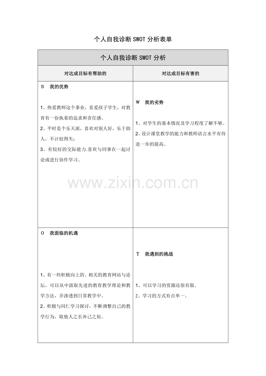 个人自我诊断SWOT分析表蔡艳茹.doc_第1页