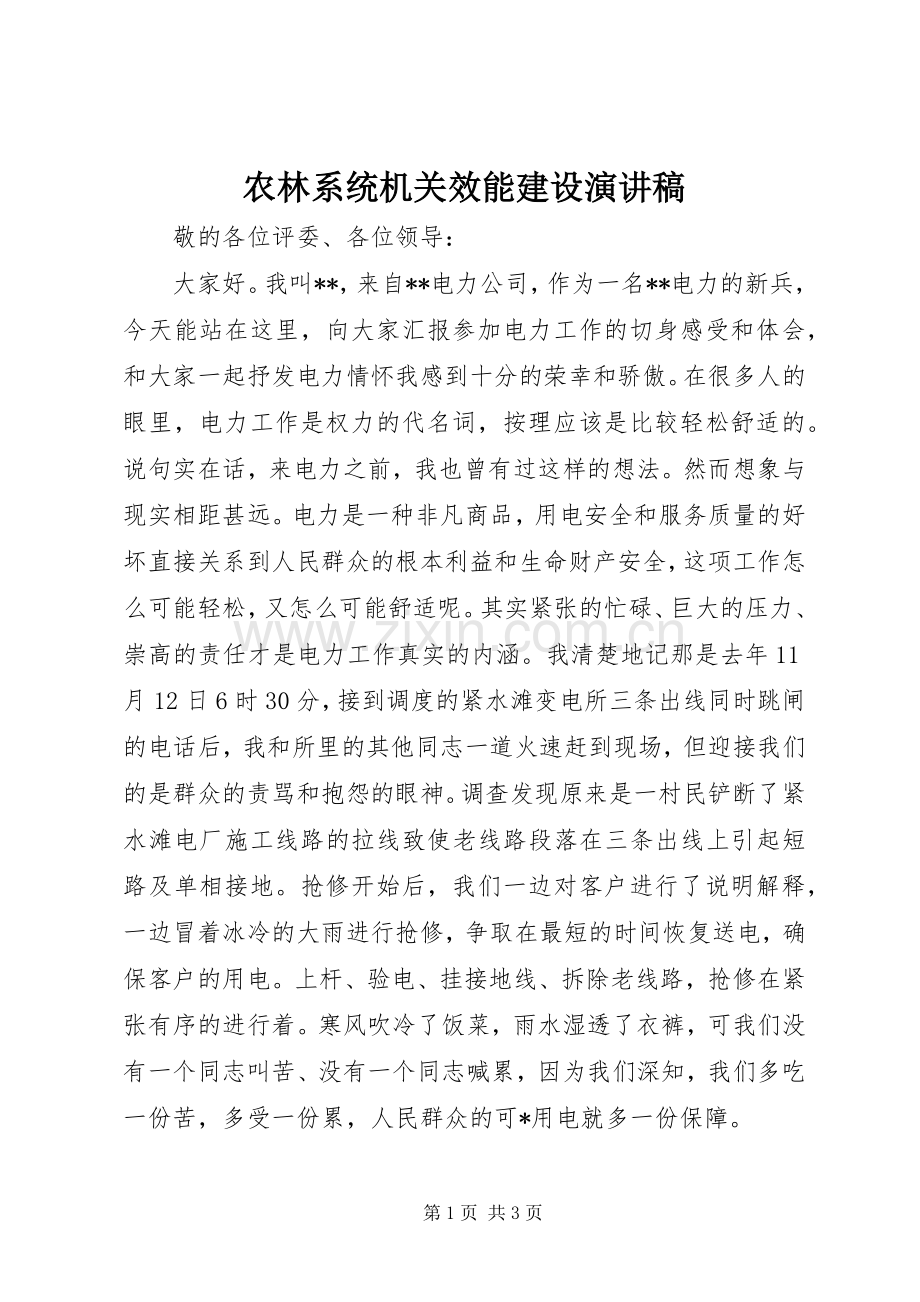 农林系统机关效能建设演讲稿.docx_第1页