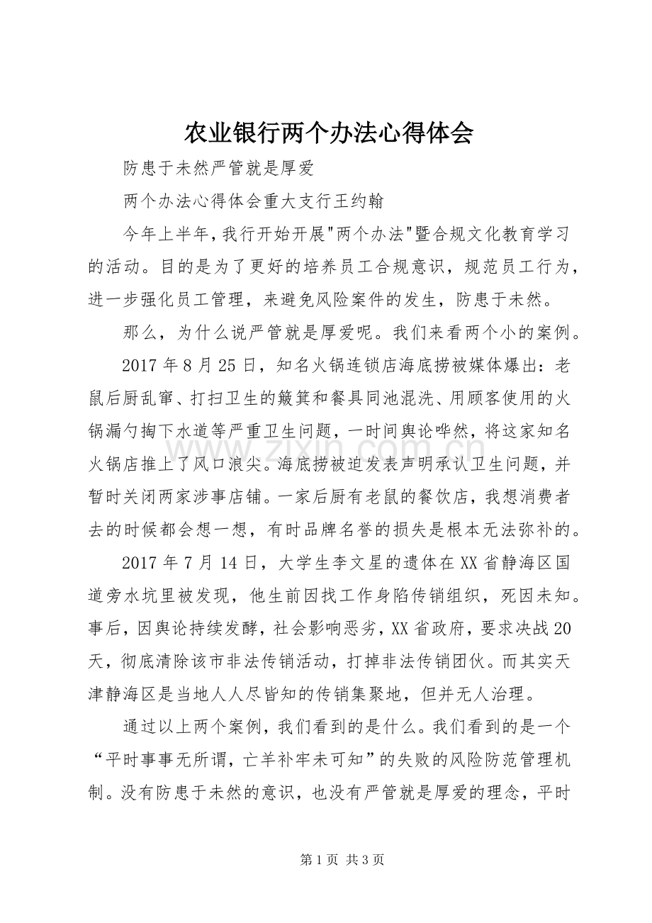 农业银行两个办法心得体会.docx_第1页