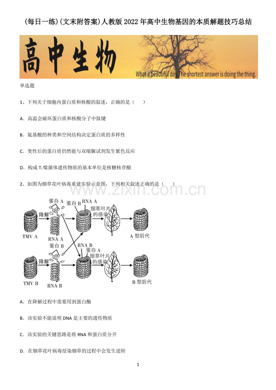 (文末附答案)人教版2022年高中生物基因的本质解题技巧总结.pdf_第1页