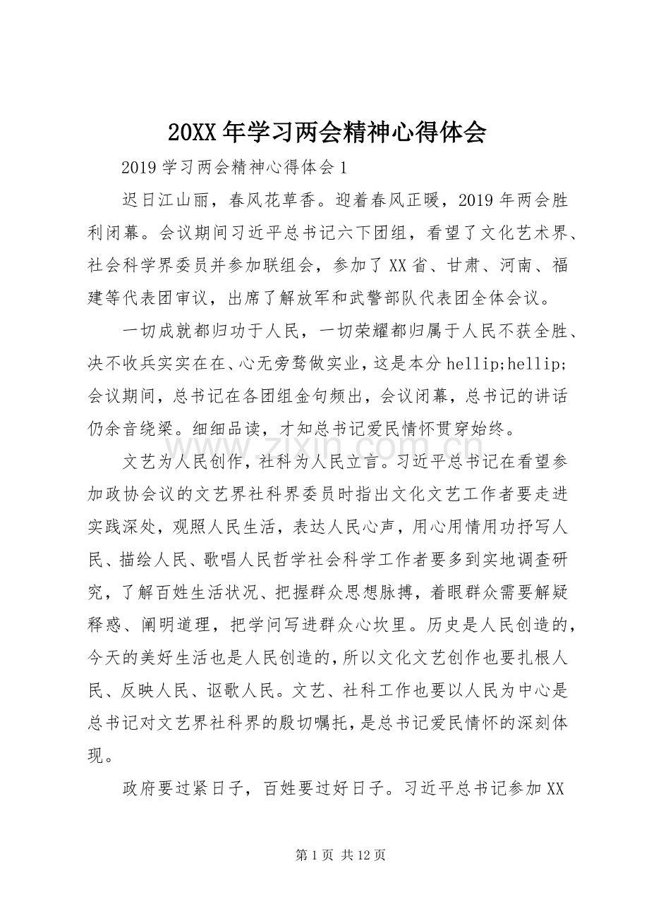 20XX年学习两会精神心得体会.docx_第1页