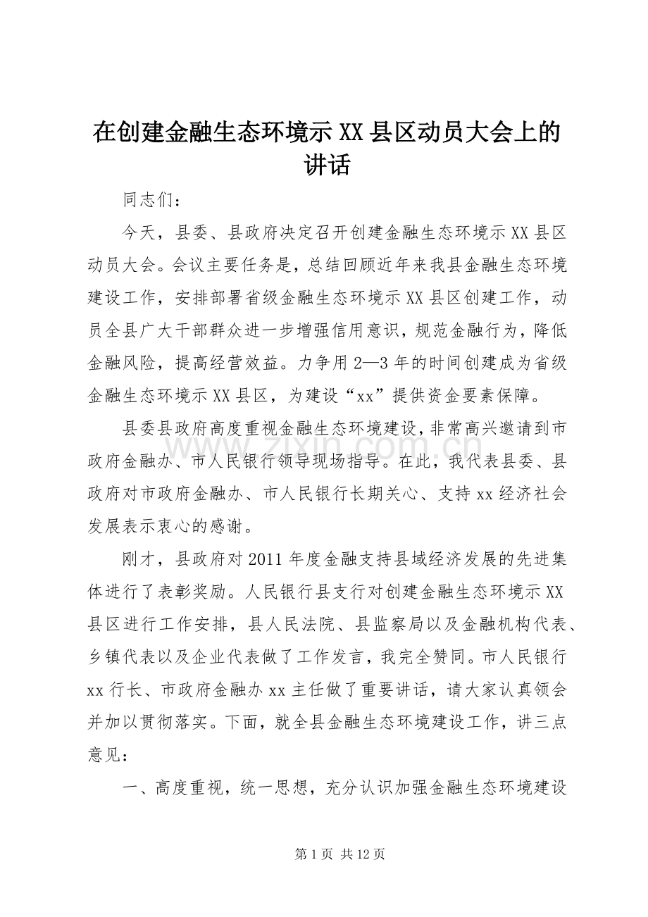 在创建金融生态环境示XX县区动员大会上的讲话.docx_第1页