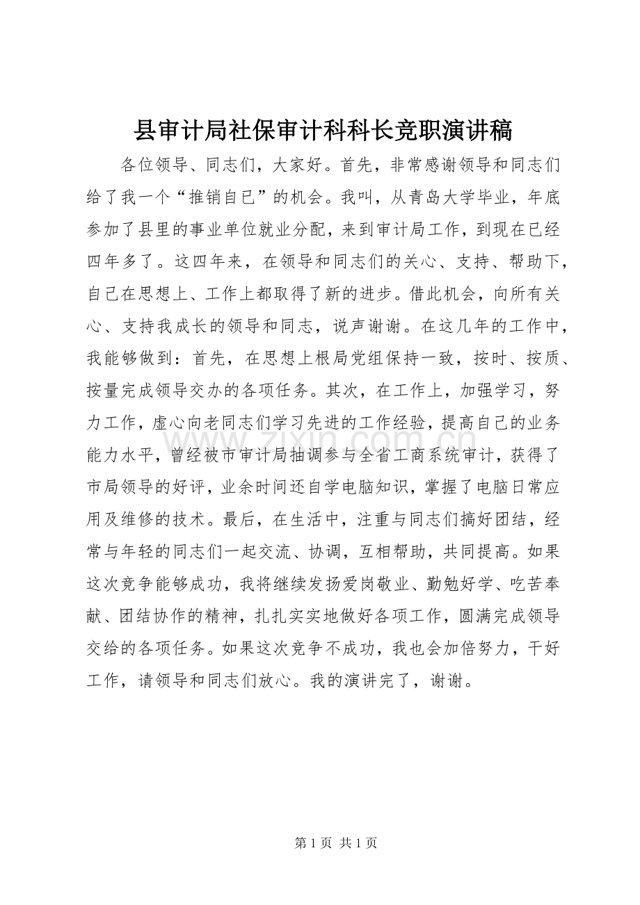 县审计局社保审计科科长竞职演讲稿.docx_第1页