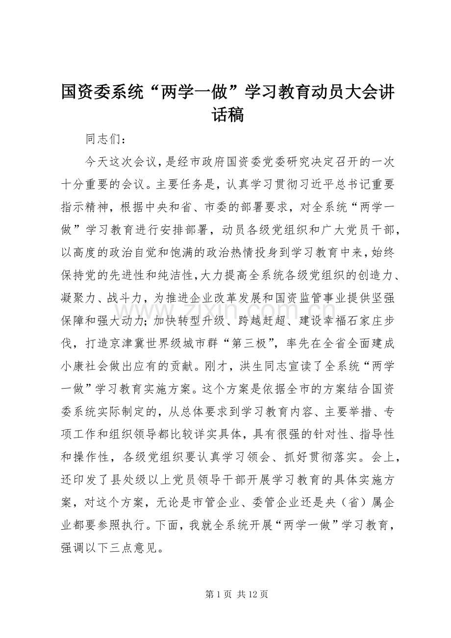 国资委系统“两学一做”学习教育动员大会讲话稿.docx_第1页