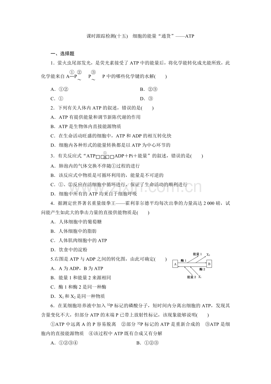 课时跟踪检测(十五)-细胞的能量“通货”——ATP.doc_第1页