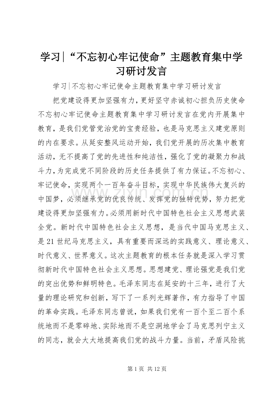 学习-“不忘初心牢记使命”主题教育集中学习研讨发言.docx_第1页