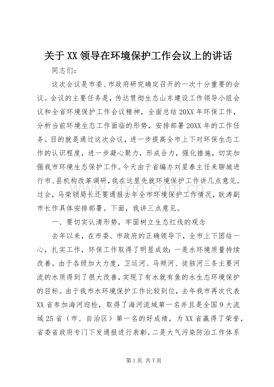 关于XX领导在环境保护工作会议上的讲话.docx_第1页