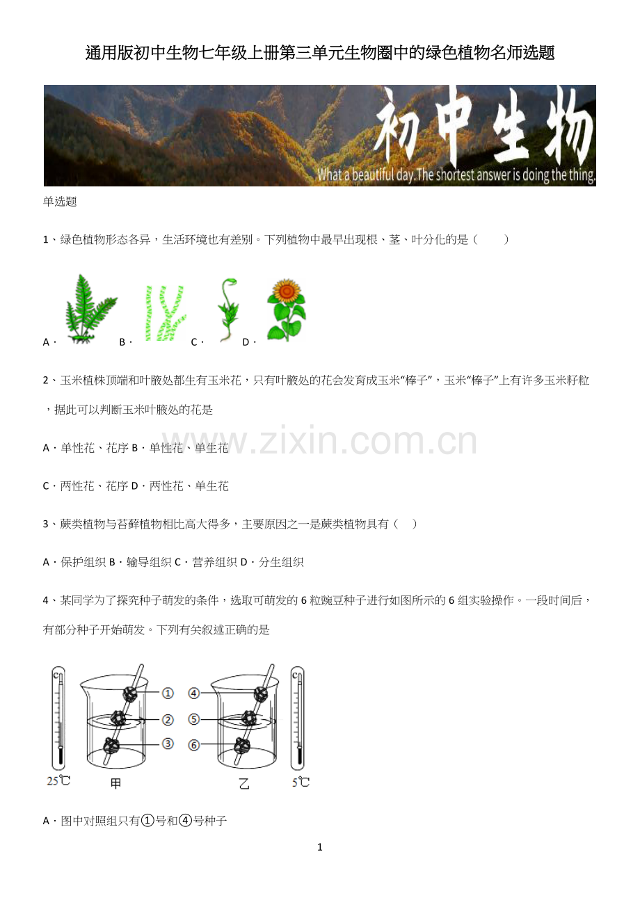 通用版初中生物七年级上册第三单元生物圈中的绿色植物名师选题.docx_第1页