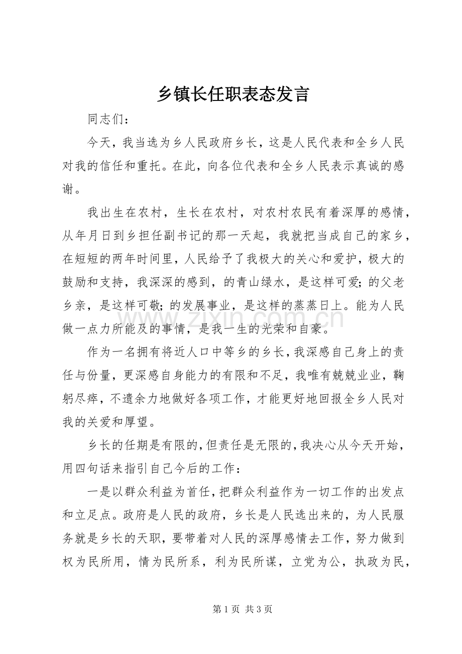 乡镇长任职表态发言.docx_第1页