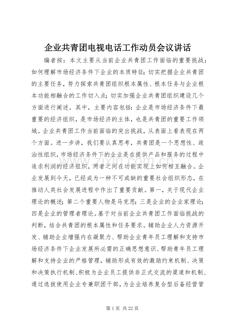 企业共青团电视电话工作动员会议讲话.docx_第1页