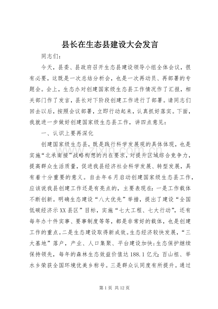 县长在生态县建设大会发言.docx_第1页