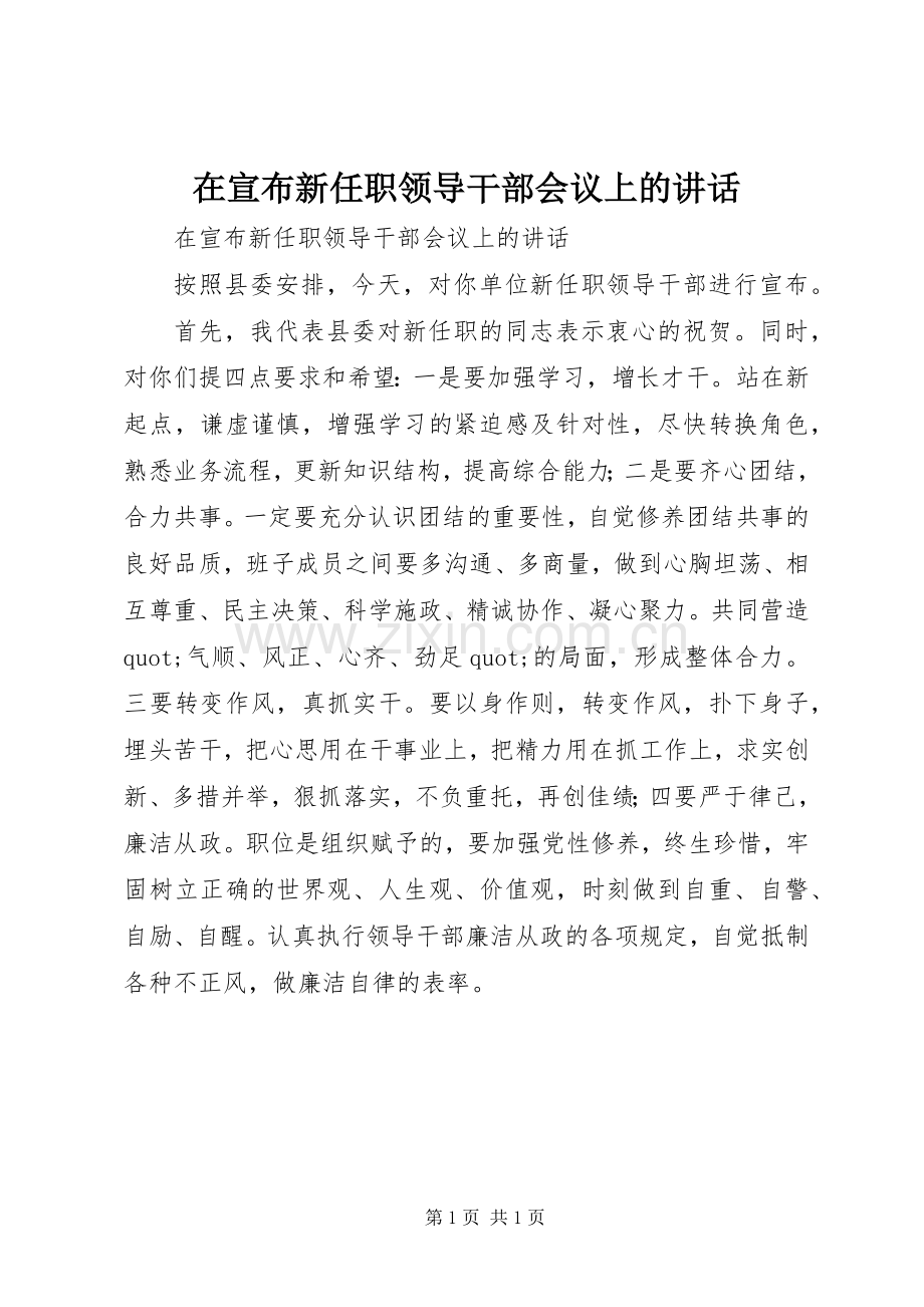 在宣布新任职领导干部会议上的讲话.docx_第1页