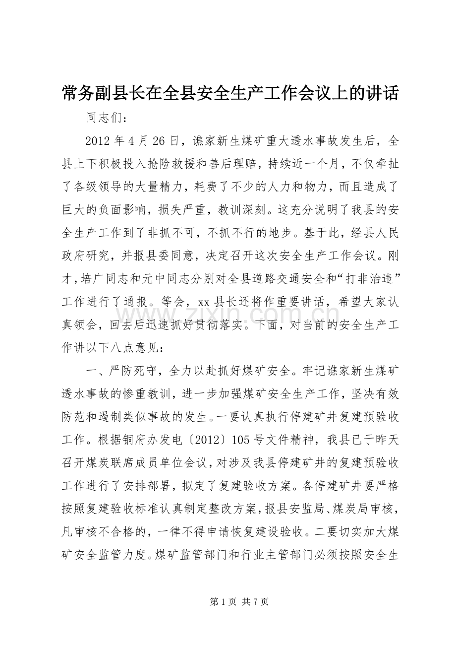 常务副县长在全县安全生产工作会议上的讲话.docx_第1页