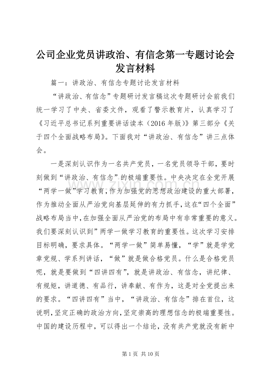 公司企业党员讲政治、有信念第一专题讨论会发言材料.docx_第1页