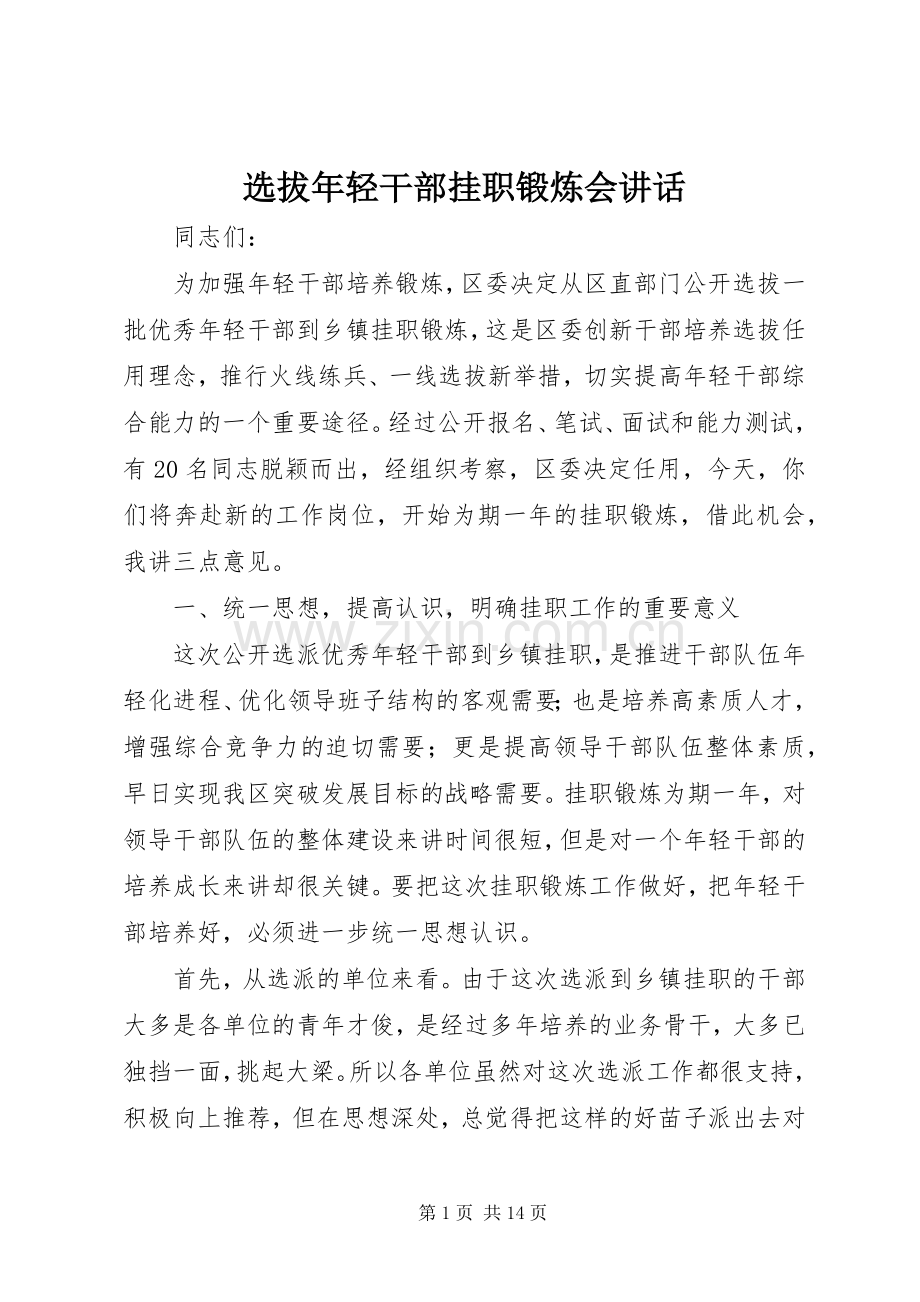 选拔年轻干部挂职锻炼会讲话.docx_第1页