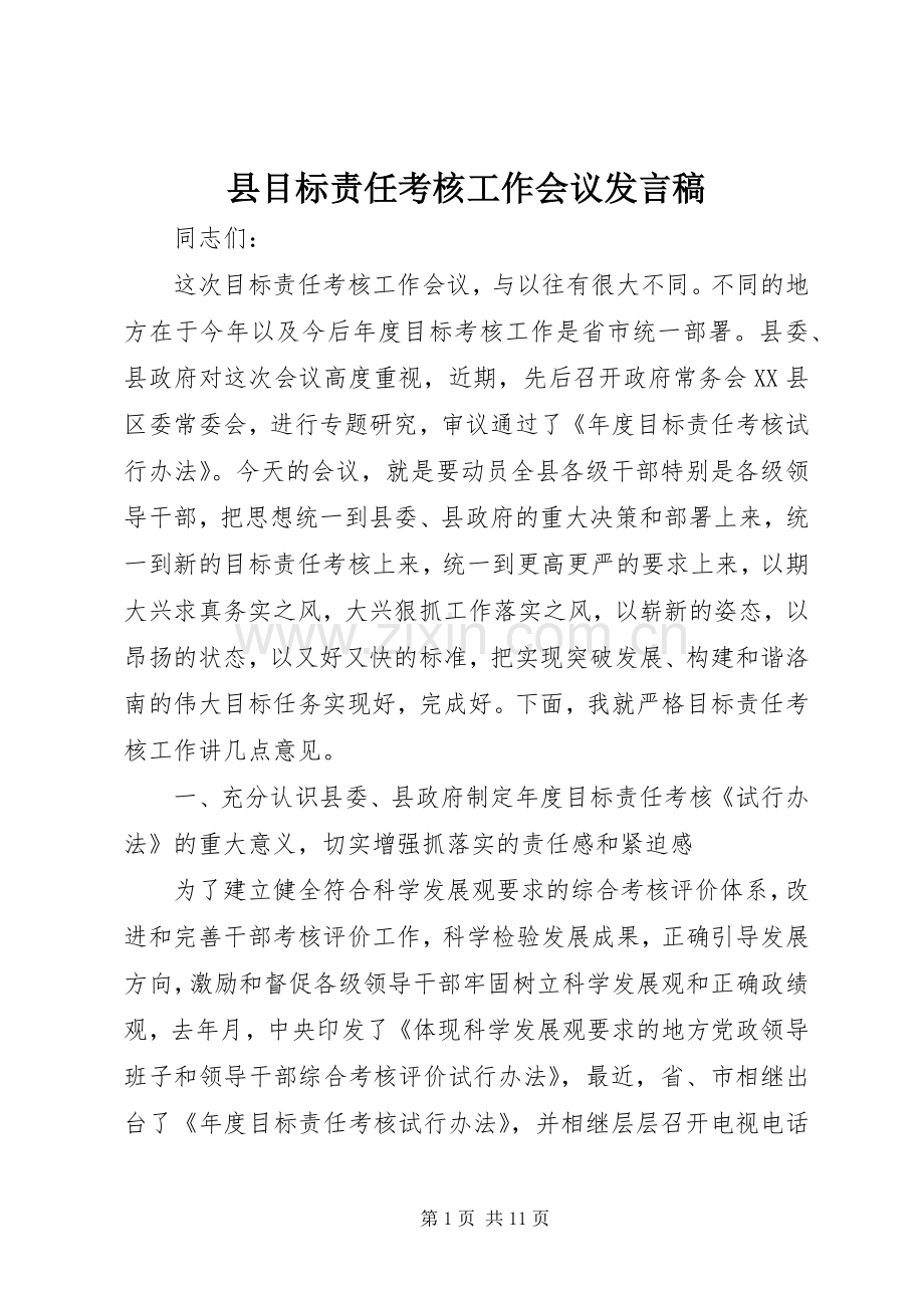 县目标责任考核工作会议发言稿.docx_第1页