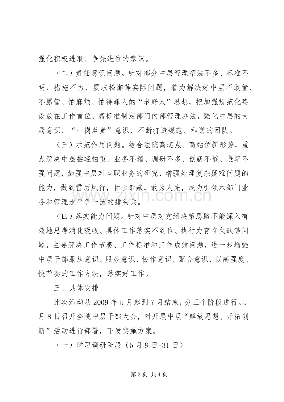 法院中层干部“解放思想、开拓创新”主题活动实践实施方案 .docx_第2页