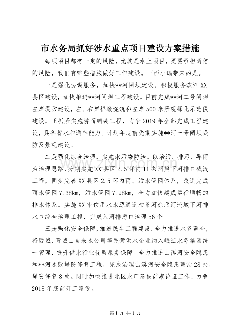 市水务局抓好涉水重点项目建设实施方案措施.docx_第1页