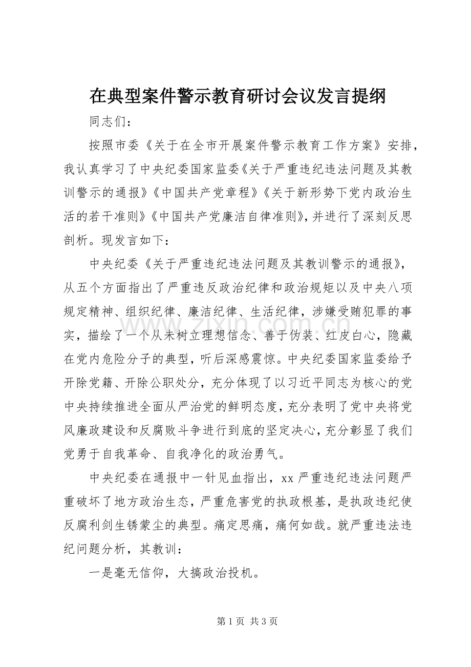 在典型案件警示教育研讨会议发言提纲材料.docx_第1页