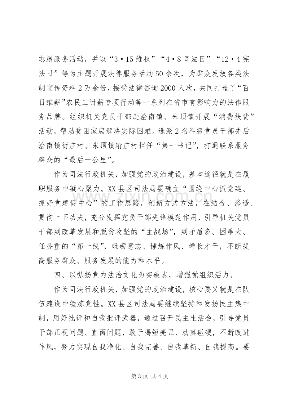 司法行政机关领导关于党的政治建设发言材料提纲.docx_第3页