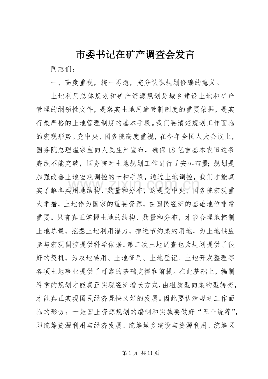 市委书记在矿产调查会发言稿.docx_第1页