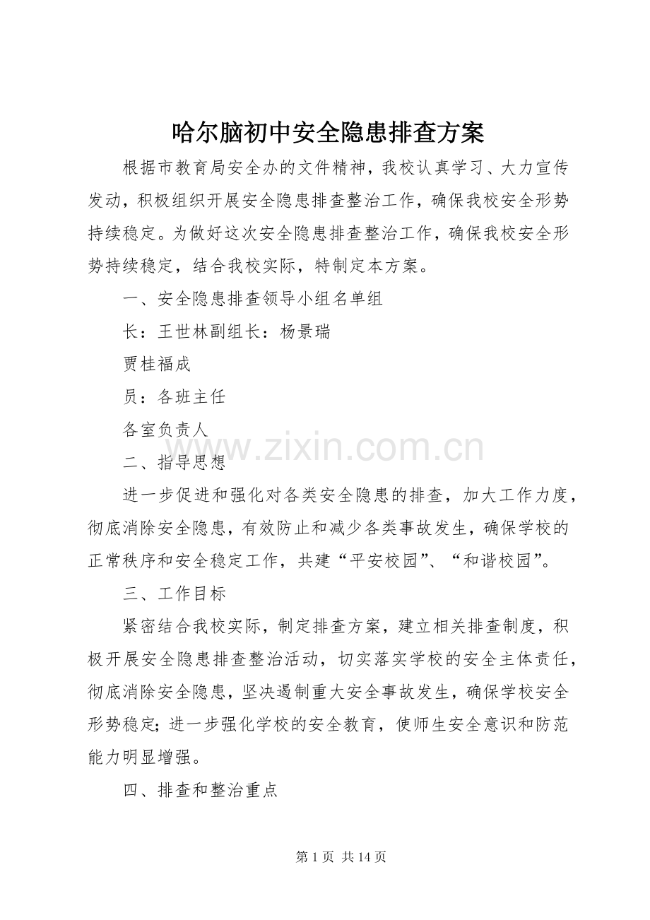 哈尔脑初中安全隐患排查实施方案.docx_第1页