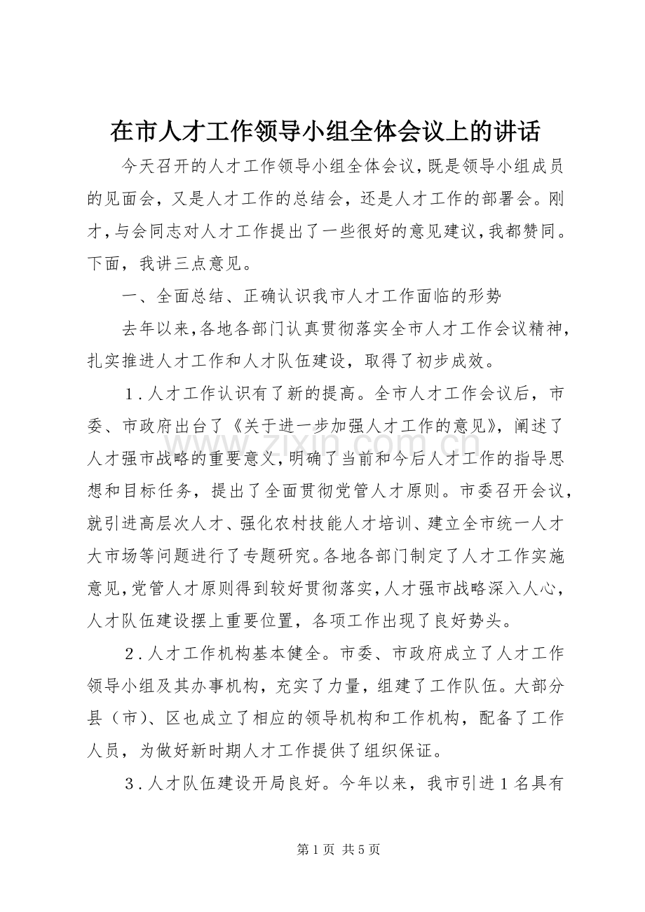 在市人才工作领导小组全体会议上的讲话.docx_第1页