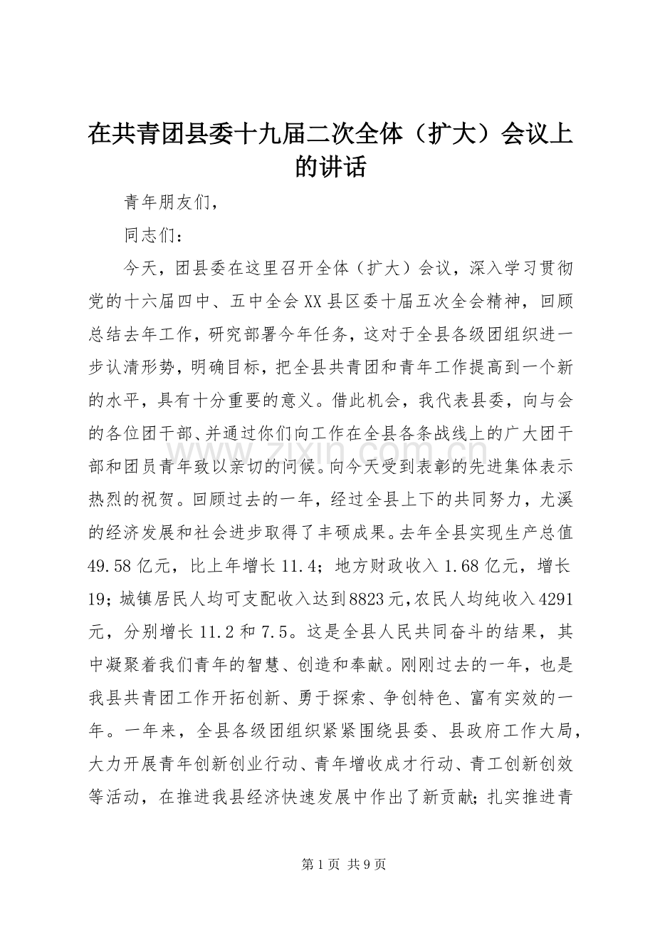 在共青团县委十九届二次全体（扩大）会议上的讲话.docx_第1页